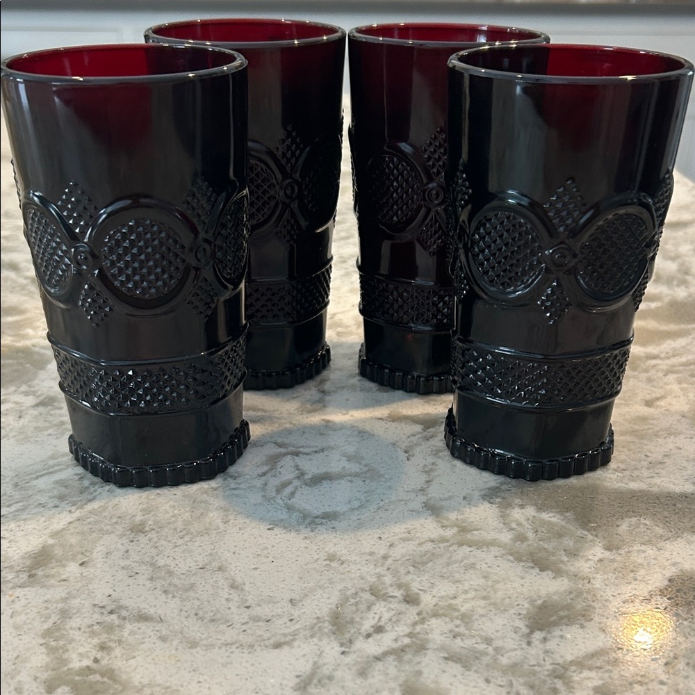 Avon 1876 Cape Cod Collection. Set of Four Red Embossed Glasses. Vintage.